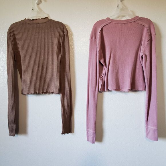 Long Sleeve Crop Top Womens XS/S Wild Fable Shein Pair 2 Pink Brown Waffle Knit - Picture 2 of 15